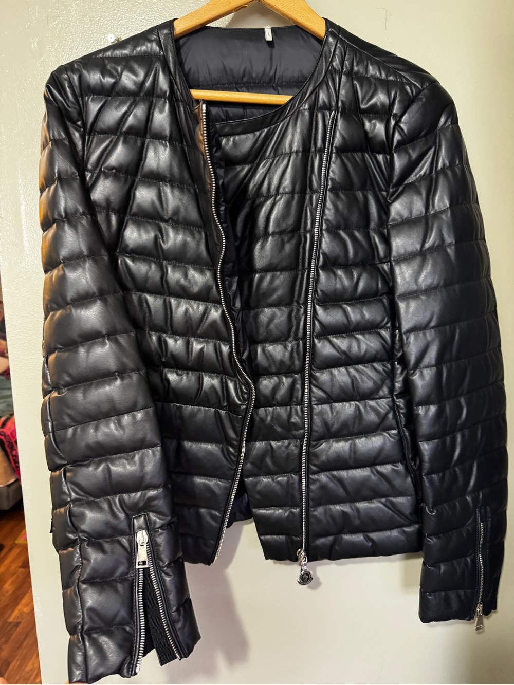 Moncler Palomete Black Lambskin Leather Down Biker Jacket Size 3